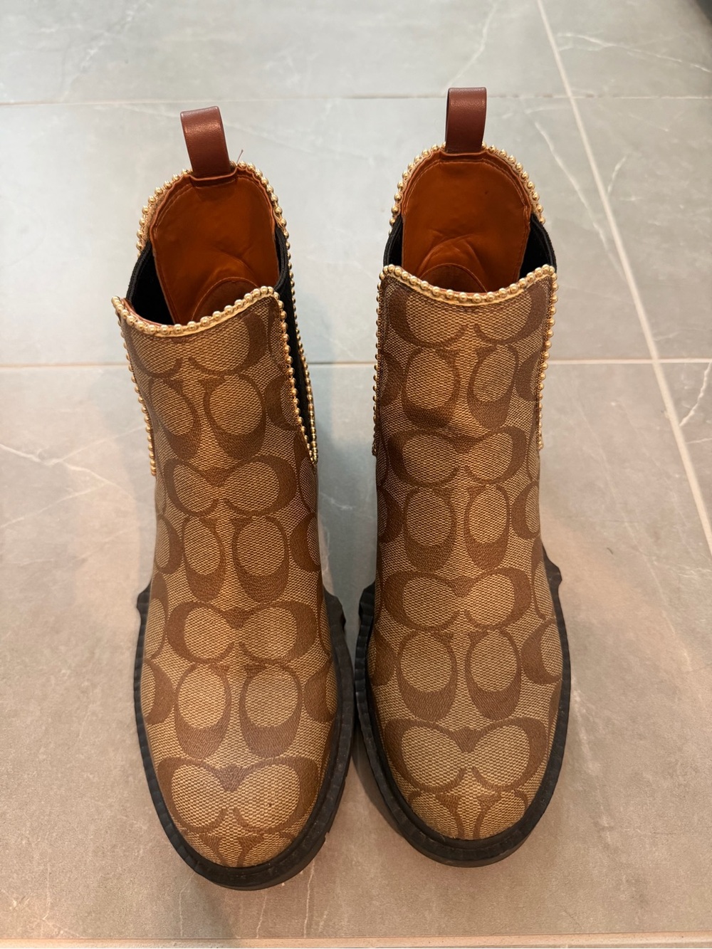 Coach Brown Signature Canvas Chelsea Heeled Boots with Gold Trim